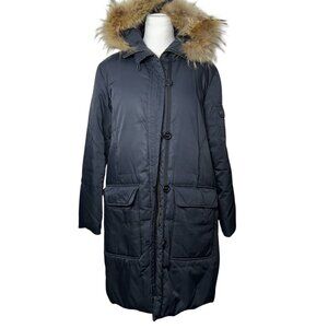 DKNY Donna Karan New York Puffer Down Coat Women's L Black Fur Trim Hooded